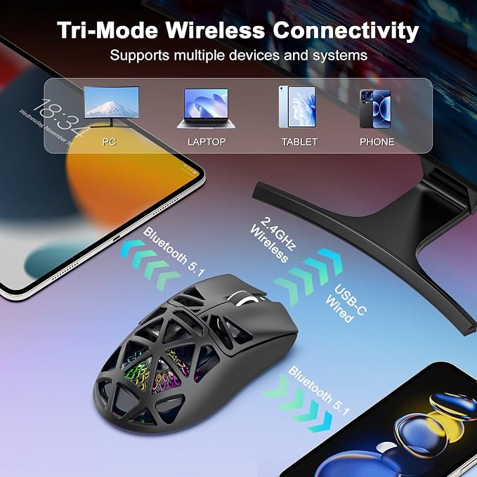 G11 Lightweight Wireless Gaming Mouse for FPS & Competitive Gaming, Tri-Mode Bluetooth 5.1/2.4GHz/USB-C, 22000 DPI RGB Mouse with Programmable Buttons for PC, Laptop & Mac (Black)