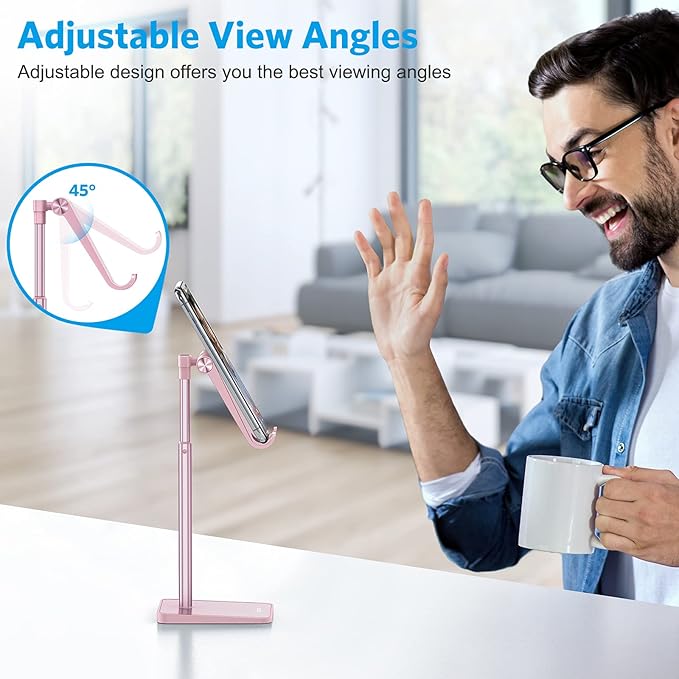 OMOTON Cell Phone Stand, Adjustable Angle Height Desk Phone Dock Holder for iPhone Air/17 Pro Max / 11 Pro/XS Max/XR, Samsung Galaxy S20 / S10 / S9 / S8 and Other Phones (3.5-7.0-Inch), Rose Gold