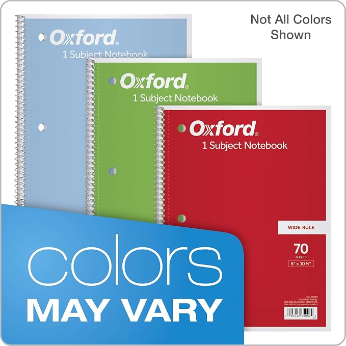 Oxford 1-Subject Notebooks, School Journal, 8 x 10-1/2 Inch, Wide Rule Paper, 70 Sheets, 3-Hole Punch, 3 Count, Red, Blue, Green, Color Assortment May Vary (65029) (Pack of 8)