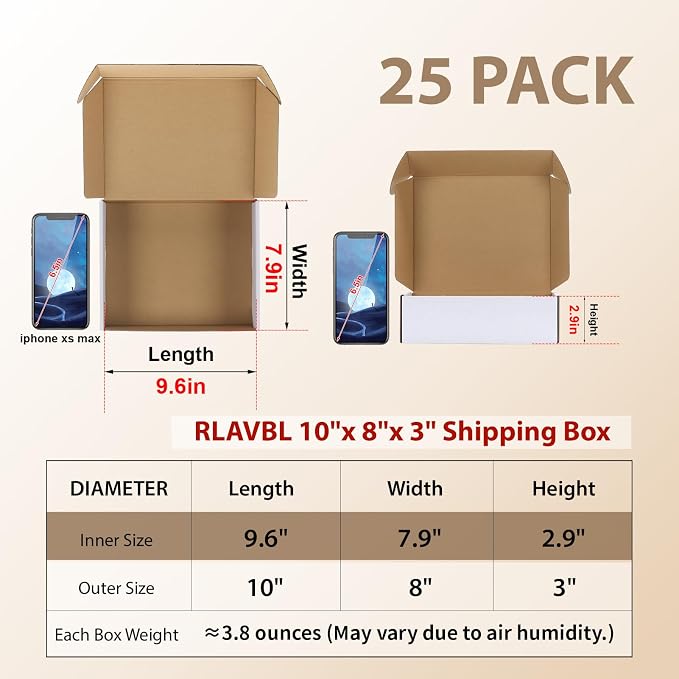 RLAVBL 10x8x3 Shipping Boxes Set of 25, White Corrugated Cardboard Box for Packing, Mailing, Business