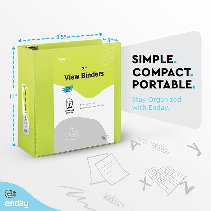 Enday 3 inch Binder (6 Pack - Assorted Colors) 3 Ring Binder 3 inch with Clear View Cover and 2 Inside Pocket - for Letter Size 8.5 x 11'' Paper, Ideal for School Supplies, Office, and Home