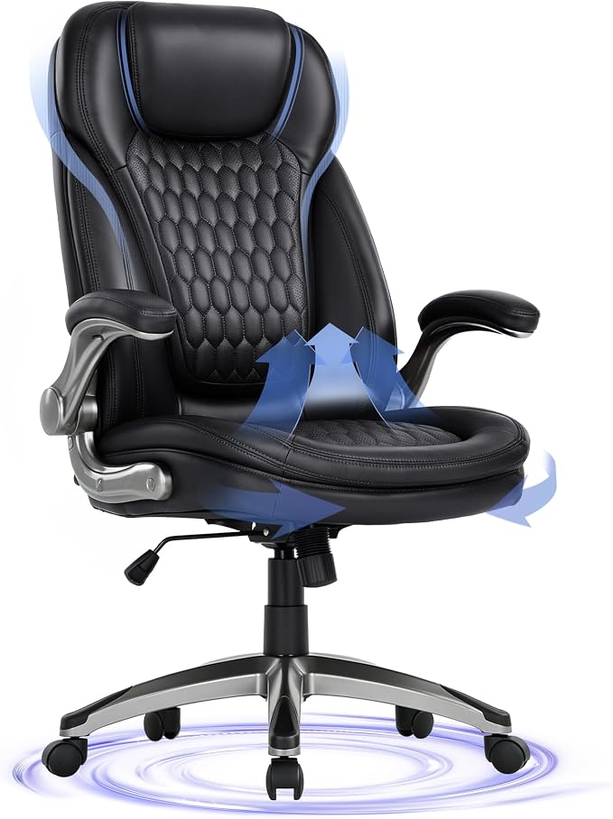 COLAMY Executive Office Chair-Ergonomic Computer Desk Chair, High Back Leather Chair with Padded Flip-up Arms, Swivel Home Office Chair, Black