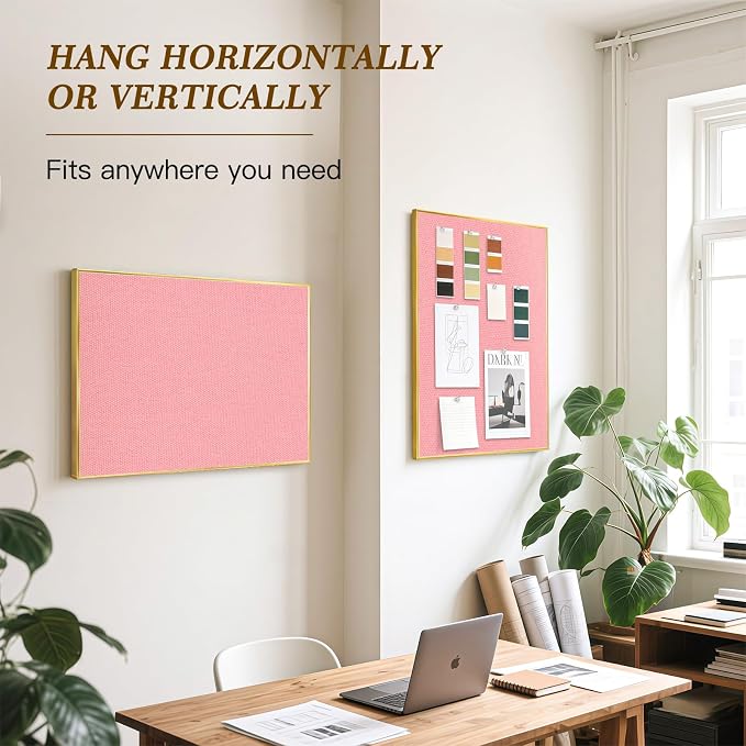 Linen Bulletin Board, 24"x18" Decorative Fabric Pin Board Vision Board | Gold Aluminum Frame, Upgraded Pink Canvas Surface, Wall Mounted, for Home Office Bedroom Dorm Wall Decor