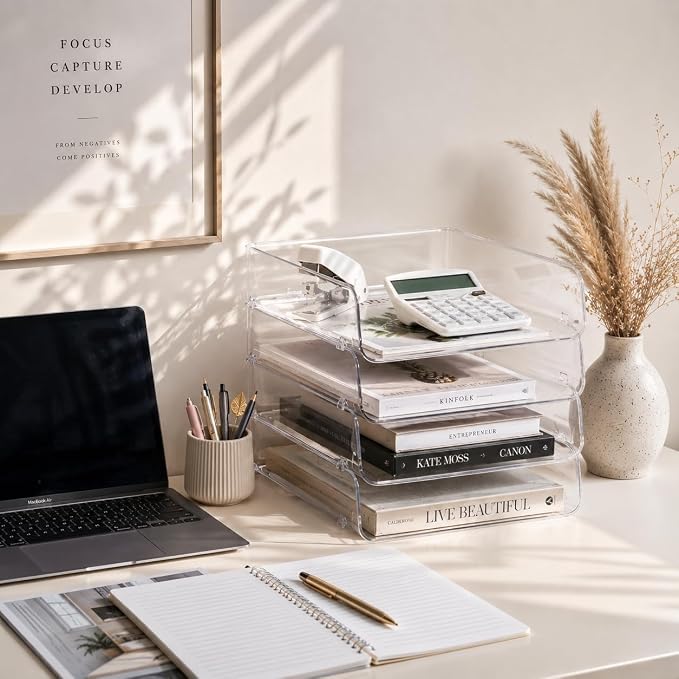 Clear Acrylic Paper Tray, 4 Tier Paper Organizer for Desk | Clear 4-tier organizer for files, folders & documents. Keeps desks tidy with easy-access vertical storage for office or home.