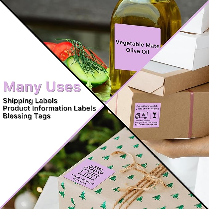 Square Thermal Label Stickers, 2"x2" (50.8mm x 50.8mm) Compatible with Multiple Thermal Printers Self-Adhesive Square Direct Strong Adhesive Thermal Labels, Purple, 500 Sheets/Roll