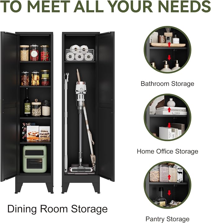 COFaR Tall Bathroom Cabinet, Metal Farmhouse Narrow Slim Storage Cabinet with Adjustable Shelves Barn Door for Bathrooms, Kitchens, Entrances Living Room (Black)