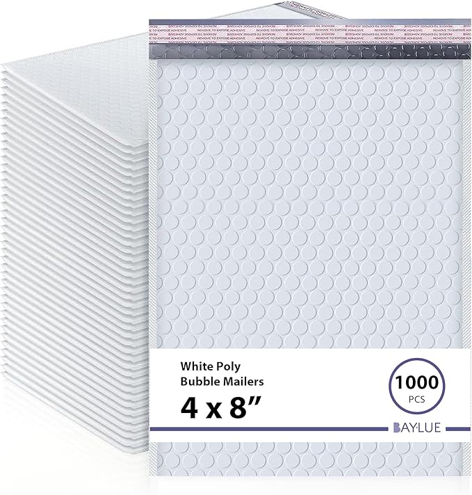 White Small Bubble Mailers 4x8 Inch #000 | Thick Padded Poly Mailer Envelope | Mailing Envelopes | Water & Tear Resistant | 1000 Pack Bulk | Trading Card Sports card Shipping