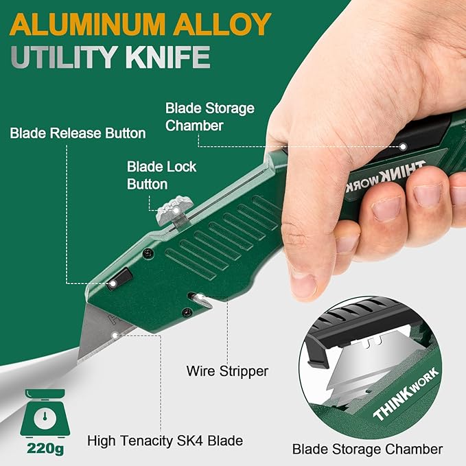 Heavy Duty Utility Knife Retractable, All Metal Body Construction with Non-Slip Grip, Quick Change Blade, for Drywall, Carpet, Cardboard Boxes