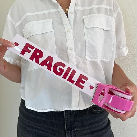 Fragile Packing Tape with Pink Dispenser – Pink & Burgundy Heart Design, 1.88" x 22.2 Yards – Packaging Tape for Moving Boxes, Small Business, and Mailers