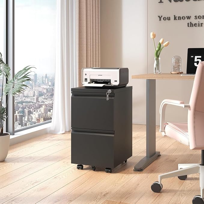 Guizeeopo 2 Drawer Locking File Cabinet, Fully Assembled Heavy-Duty Metal Filing Cabinets for Home Office, Quiet Slides, Anti-Tipping Wheels, Fits A4/Letter/Legal, Matte Black