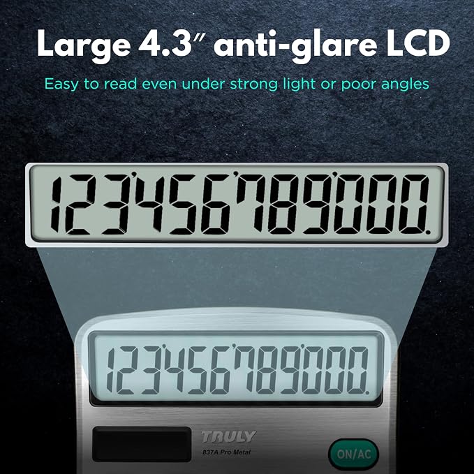 TRULY 12-Digit Desktop Calculator with Large Display, Big Buttons, Dual Power (Solar + Battery), Metal Finish, Ideal for Office, Home, School – 837A Pro Metal 2 Pack Black/Silver