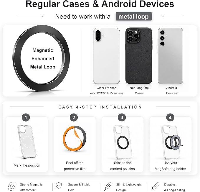 Magnetic Phone Ring Holder for MagSafe, Glitter Magnetic Grip | For iPhone 17 16 15 14 13 12 Pro Max,Pro,Plus,Mini, Pixel 10 Series Mag Safe Accessories,Adjustable Kickstand,Black+Silver