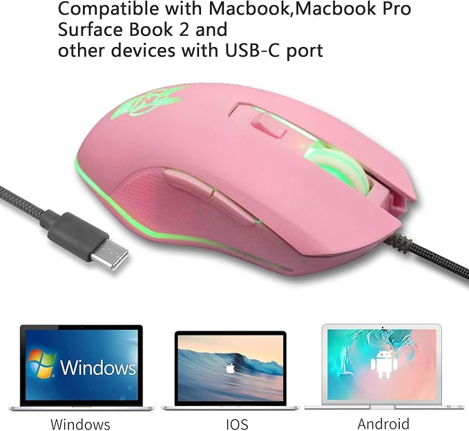 IULONEE USB Type C Wired Mouse 2400 DPI Gaming Mice for Office Home Pink | Wired Mouse Ergonomic 7 Backlight 6 Buttons Silent Compatible with Windows PC, Laptop, Computer and More USB Type C Devices