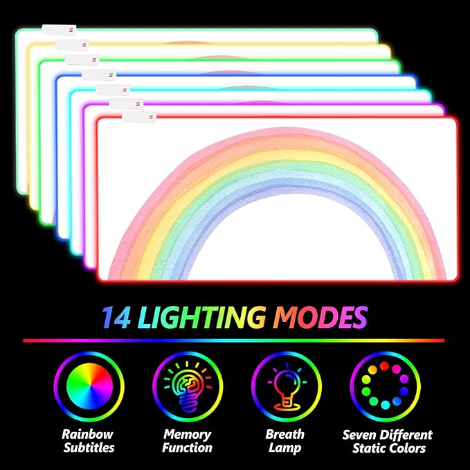 AIMSA RGB Gaming Mouse Pad Large, Keyboard Mousepad Led Extended 35.4 x 15.8 inch Non-Slip Rubber Base with 14 Lighting Modes, Big Desk Mat Waterproof, White Rainbow