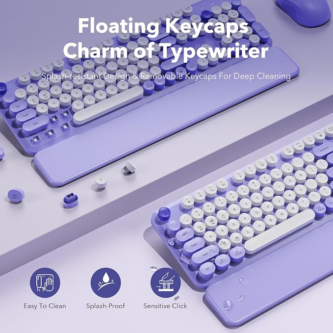 Wireless Keyboard and Mouse, Round Keycaps, Magnetic Wrist Rest, Purple | Full-Size Retro Typewriter-Style Keyboard, Tilt Legs, Auto Sleep, 2.4GHz Cordless for MacOS, Windows PC, Laptop, SABLUTE CK23