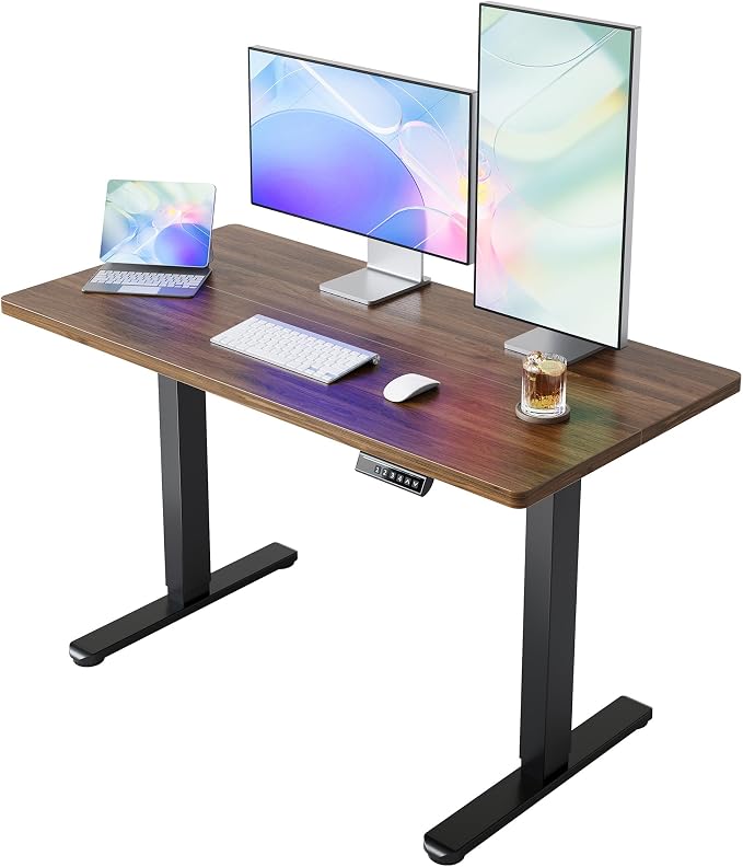 HUANUO 48x24 Inch Electric Standing Desk, Height Adjustable, Walnut | 176 Lbs Capacity, Smooth Home Office Desk, 4 Memory Presets & Headphone Hooks, 28.3–46.5 Inch Height Range, Easy to assemble