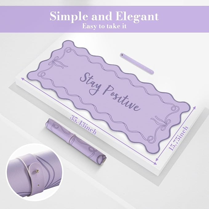 iCasso Purple Office Decor for Women, Scalloped Desk Cover Mat, Large Mouse Pad, Leather Waterproof Accessories Blotter, Non-Slip Mousepad for Organizer Office Dorm Supplies Teacher Girly