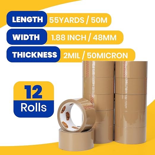 TAPEBEAR Brown Packing Tape 1.88Inch x 55 Yard Packaging Tape Refills | Heavy Duty Moving Tape for Boxes, Secure Sticky Seal Brown Tape for Shipping, Mailing & Storage, 12Rolls