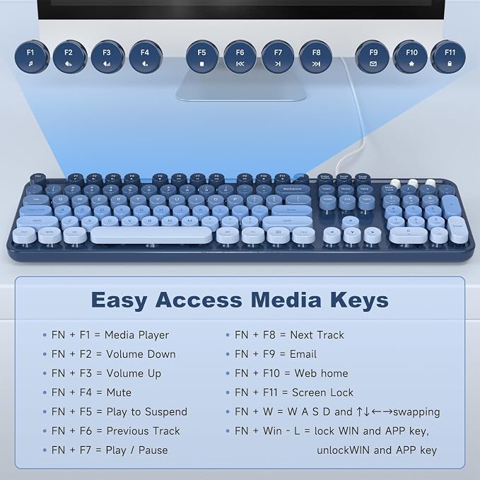 MOWUX Computer Keyboard Wired, Plug and Play USB Retro Round Typewriter Keyboard, Full Size Wired Keyboard with Foldable Stands for Laptop and Office PC- Sea Blue Gradient