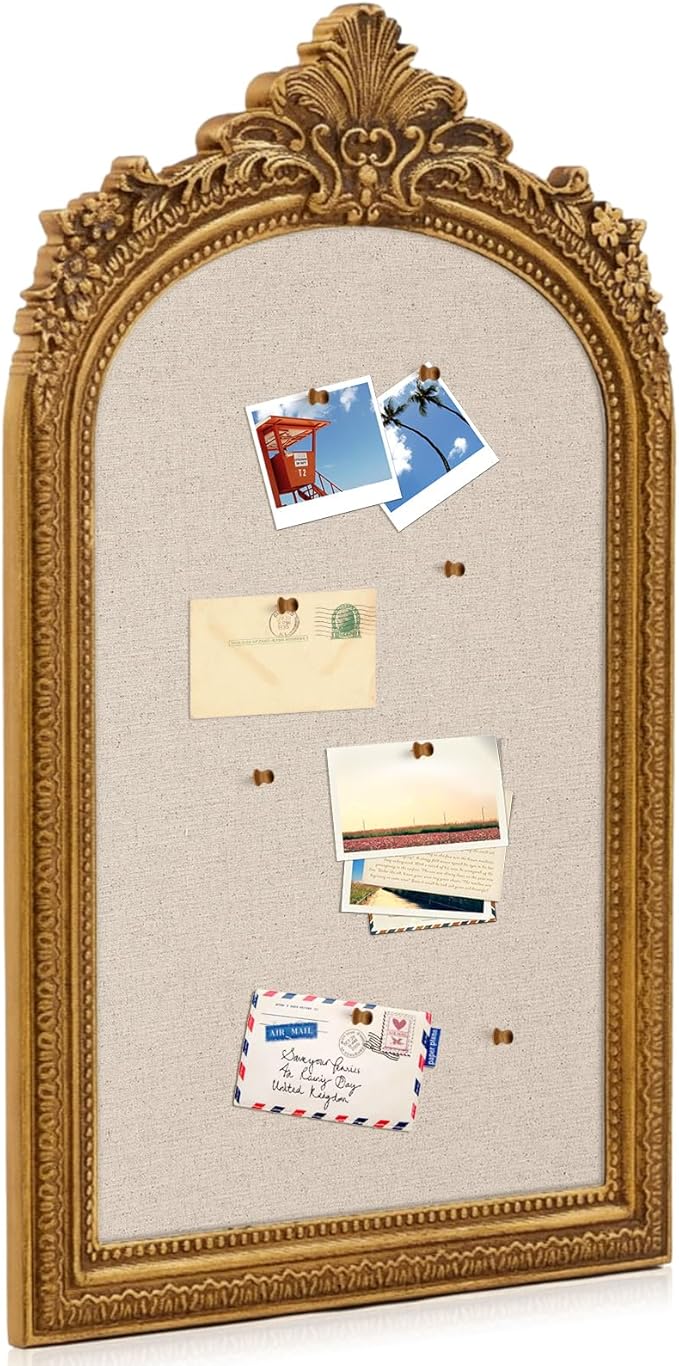 Vintage Framed Pin Board Linen Display Bulletin Board Large Ornate Fabric Picture Photo Pinboard Memo Decorative Prayer Pinboard Ornate for Wall Gift(Arch,20'' X 30'',Classic Gold)