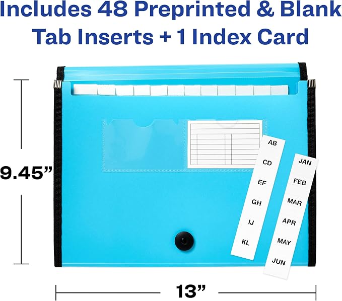 Avery Expanding File Folder Organizer, 13-Pocket Accordion File Organizer, Aqua, Holds 425 Letter/A4-Size Sheets (73554)
