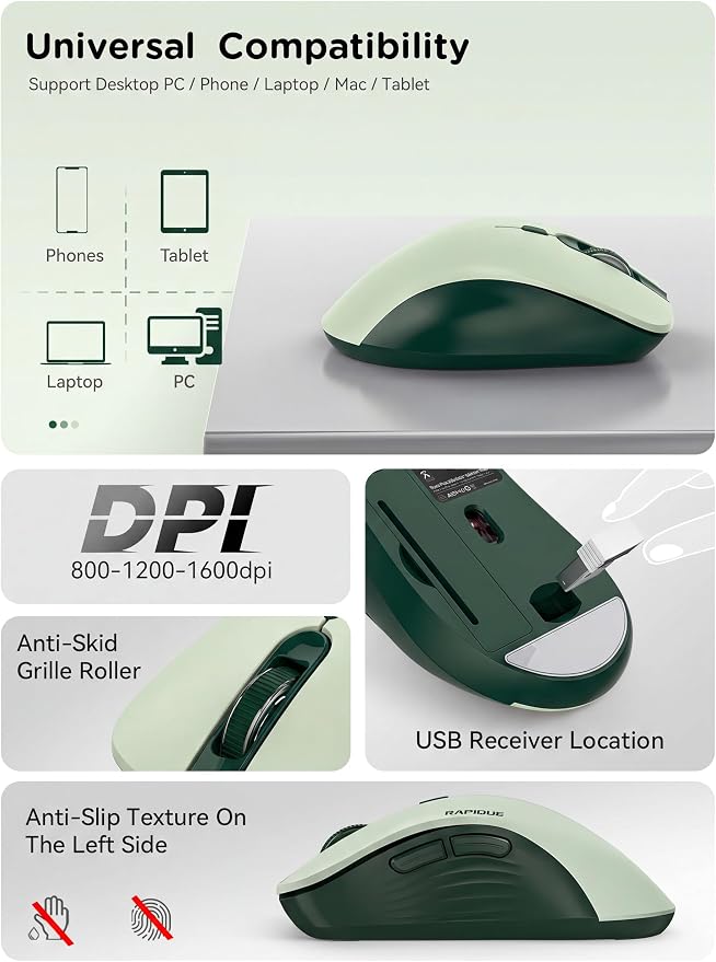 RAPIQUE Bluetooth Wireless Mouse, Dual Bluetooth & 2.4GHz, Avocado Green | Quiet Clicks, Right-Hand Ergonomic 6 Button, Adjustable DPI, 3-Device Switching, USB Receiver for Laptop, PC, Mac, Tablet