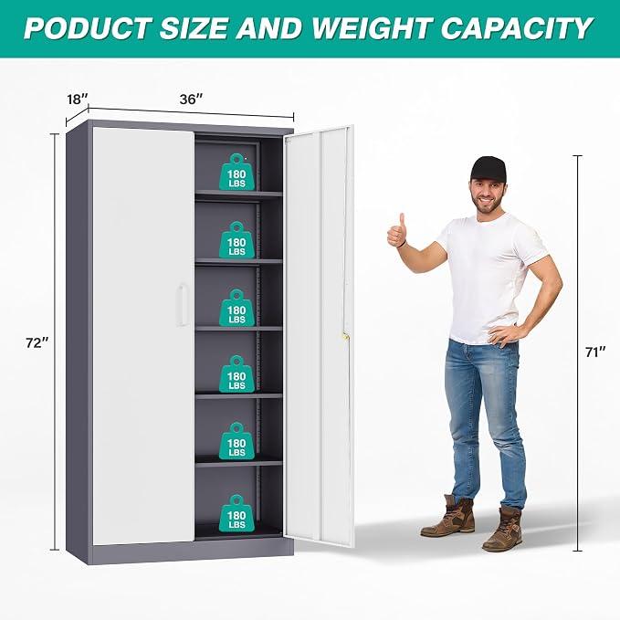 Wide & Deep Metal Storage Cabinet with 2 Doors and 5 Adjustable Shelves,72 inch Tall Locking Garage Storage Cabinet with Lock,Gray White Pantry Cabinets,Steel Cabinets for Home,Office,Garage 72x36x18