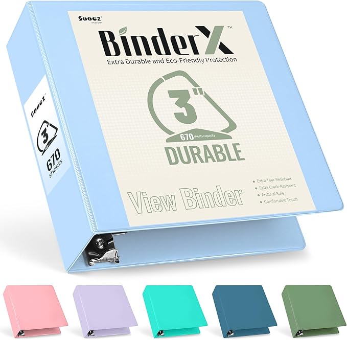 Sooez BinderX Extra Durable 3 Inch 3 Ring Binder, D-Ring Large Binders, Holds 670 Sheets of 8.5x11 Paper, Customizable View Cover with Inside Pockets, Heavy Duty 3 Ring Binder for School, Light Blue