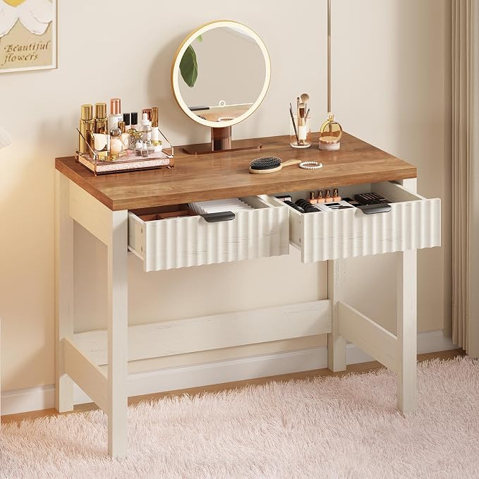 32 Inch Small Fluted Computer Desk with 2 Drawers for Bedroom, Home Office | Small Computer Desk with Storage, Compact Writing Study Desk for Small Spaces, Brown & White