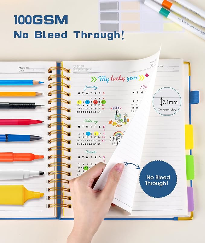 Hardcover Spiral Notebook Journal with Removable Dividers Tabs, 300 Pages Leather 5 Subject Notebook College Ruled, 8"x10" Large B5 Notebooks for Work School, Lined Journal for Women, Light Blue