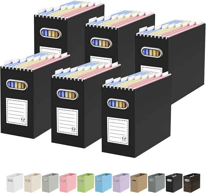 Portable Collapsible Cardboard File Box with Handle for Letter-Size | 6-Pack. Stainless Steel Handle. Label Stickers Included. Fits Letter Folders (Not Included). Home, Office, School, Dorm, Tax.