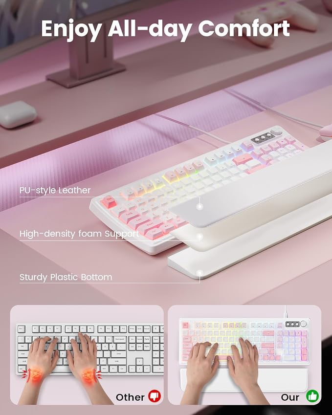 SABLUTE Gaming Keyboard and Mouse, Quiet Membrane with RGB Backlit - Pink | PC Gaming Keyboard with Multimedia Knob, Anti-Ghosting, Ergonomic Wrist Rest & 3200 DPI Mouse for Gamer/Office