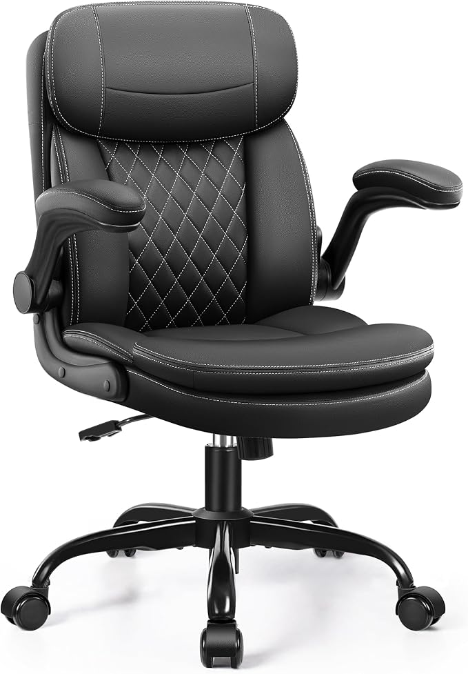 Leather Office Chair, Ergonomic Small Desk Chairs with Wheels, Jet Black | Unique Double-Layer Seat Cushion and Neckrest, Adjustable Flip Up Armrests, Tilt, Use for Short People at Home, Meeting Room