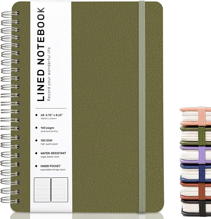 Lined Spiral Notebook for Women, A5 College Ruled Leather Spiral Journals | 160 Pages Small Journaling Notebooks, 5.7"x11" Note Book for Writing, Work, School, Men, Hardcover Leather Journals, Green