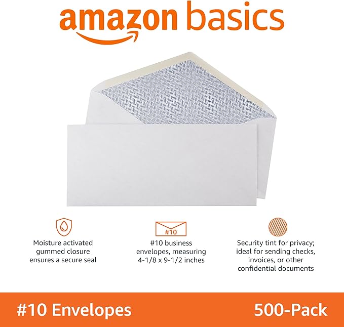 Amazon Basics #10 Security Tinted Business Envelopes for Documents and Invoices, Quality Seal, 4-1/8" x 9-1/2", White, Pack of 500