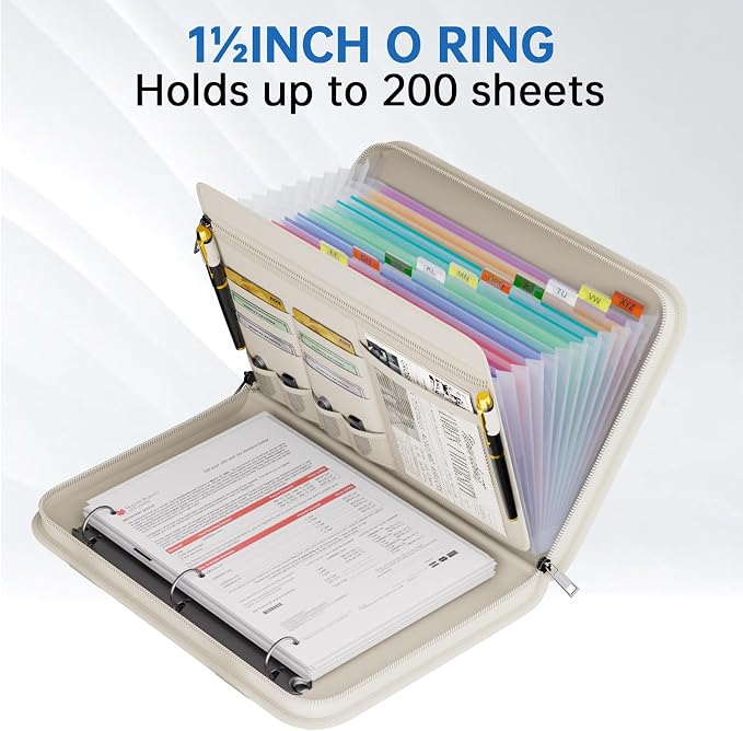 Tamfile Fireproof Accordion File Folder with Handle, Document Organizer | Expanding File Folder with 13 Pockets, Multiple Pockets, Water Resistant,Portable Travel Home Safe for A4 File,Travel,Beige