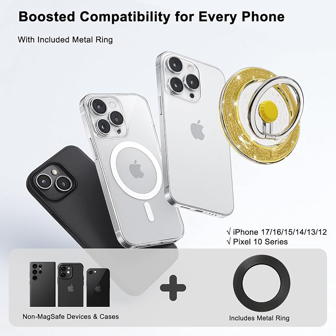 Magnetic Phone Ring Holder for MagSafe, Glitter Magnet Finger Ring Grip Stand Holder, 360° Rotation Fit for iPhone 17 16 15 14 13 12, Pro, Pro Max, Plus, Mag Safe Accessories, Yellow-Gold