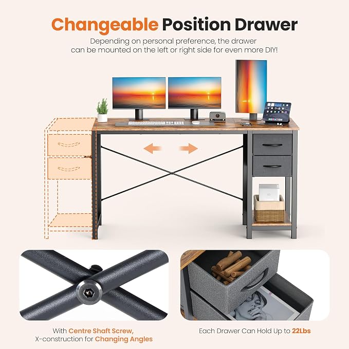 Sweetcrispy 47-Inch Computer Desk with Drawers, Office Desk, Brown | Small Desk for Bedroom Home Office with Side Hook, Modern Simple Desk with Storage for Writing