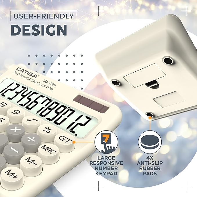 CATIGA Mechanical Switch Calculator with Solar and Battery Dual Power, 12-Digit Large LCD Display, Aesthetic and Cute Desktop Calculator with Big Button, for Home, School and Office Use, SD-1299