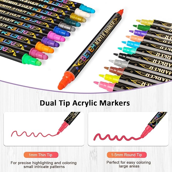 Betem 12 Colors Dual Tip Acrylic Paint Pens Markers, Fabric Decorating Kits Premium Water-Based Acrylic Paint Markers for Fabric, Rock, Wood, Glass, Eggs, Canvas, Ceramic, Easter Basket Stuffers