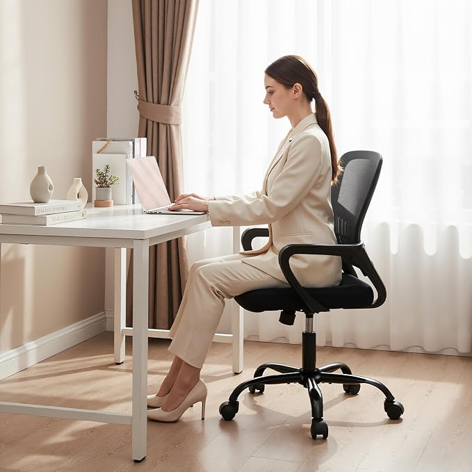 DUMOS Home Office Chair, Computer Desk Chair, Lumbar Support | Ergonomic Mid Back Mesh, Height Adjustable Fixed Armrest, Rocking Mode 360 Swivel, Computer Conference, Black
