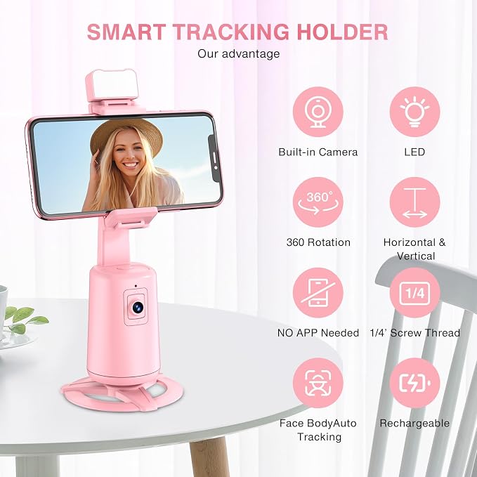 Auto Face Tracking Tripod 360° Rotating Cell Phone Photo and Video Kits Stand, No App, Camera Stand with Remote and Gesture Control, Rechargeable Smart Shooting Stand for Live Recording Tiktok（Pink）