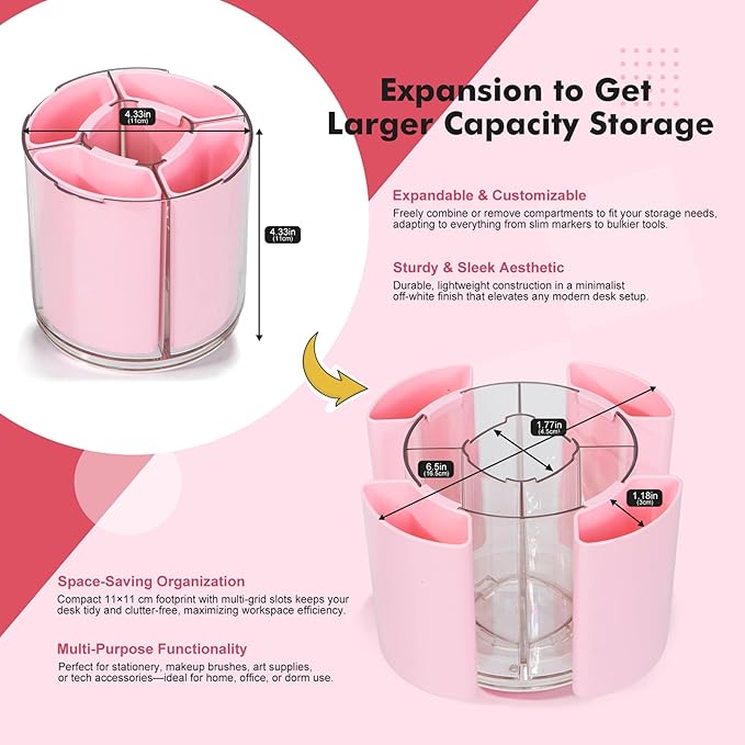 Comix 360° Rotating Pen Holder for Desk, Pencil Holder with 5 Slots, Cute Pink Plastic Desk Organizer for Home School Office Supplies