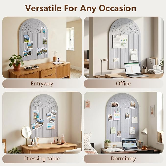 Large Arched Felt Bulletin Board 35" x 24" Cork Board Alternative with 30 Pushpins, 30 Adhesive Tabs, Wall Paneling and Cork Boards for Office and Home Wall Decor (Gray)