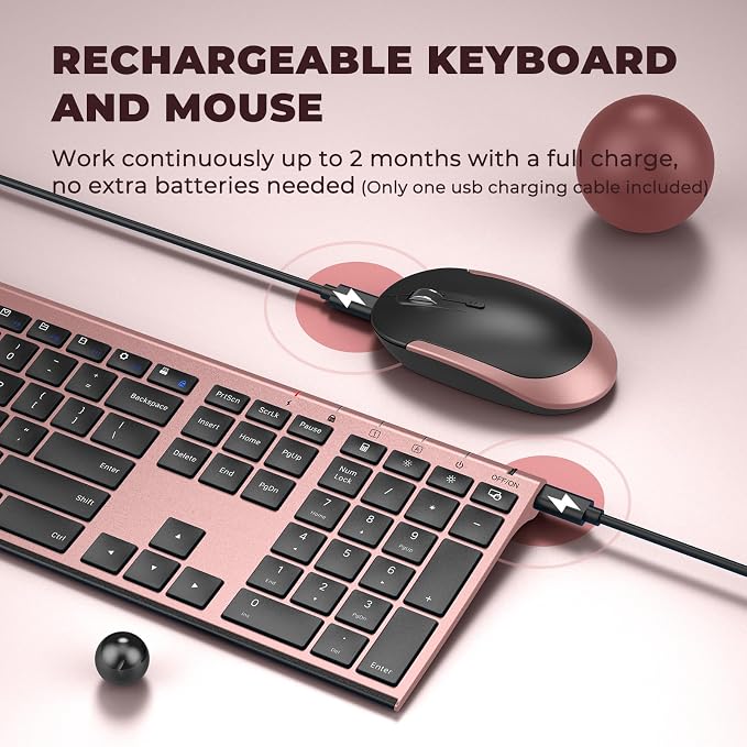 Vssoplor Wireless Keyboard and Mouse, Rechargeable Ultra Slim, Rose Gold | Quiet Full-Size Keyboard and Mouse Combo Set, for Laptop, PC, Notebook, Desktop, 2.4GHz Stable Connection, Ideal for Office