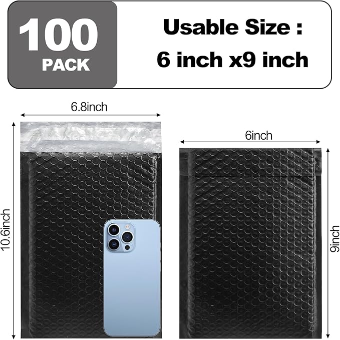 Nicunom 100 Pack Bubble Mailers 6x10", Usable Size 6x9" Self Seal Padded Envelopes Opaque Poly Wrap Bubble Bags Waterproof Shipping Bags for Small Business Mailing Makeup Jewelry Gifts, Black