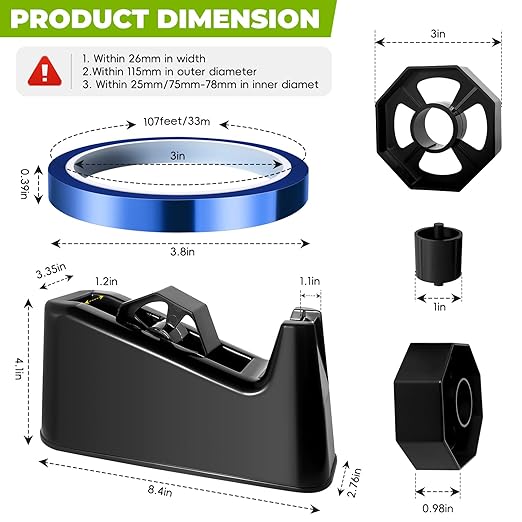 Large Heat Tape Dispenser, Heavy Duty Heat Transfer Tape Dispenser,Painters Tape Dispenser & 10mm x 33M Transparent Blue Heat Tapes Sets Sublimation Tape Holder with Cutter Tape Dispenser