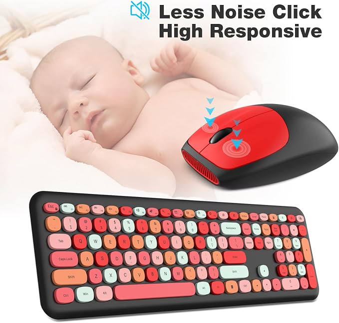 MOFII Wireless Keyboard and Mouse Combo, Colorful Full Size Keyboard with Number Pad, Silent Cute Wireless Mouse, 2.4GHz Dropout-Free Connection, for PC Laptop Computer (Black Color)