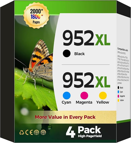 952XL 952 XL Ink Cartridge Black Color Combo Pack for HP 952 XL 952XL HP952 Replacement Compatible with OfficeJet Pro 8710 7740 8720 8715 8210 8703 OfficeJet 8702 Printers (4 Pack)