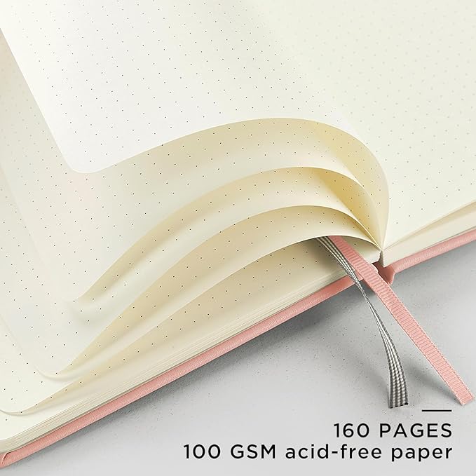 &And Per Se Dotted Journal Notebook, A5 Hardcover Leather Dotted Journal, 160 Pages 100gsm Thick Dot Grid Paper, 3 Sheets of Stickers Included - 5.7'' x 8'' (Rose pink)
